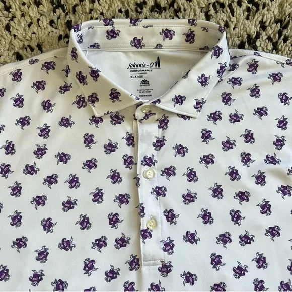 Johnnie-O Polo Shirt TCU Logo All Over Print White Purple Short Sleeve Men’s XL - Picture 3 of 15